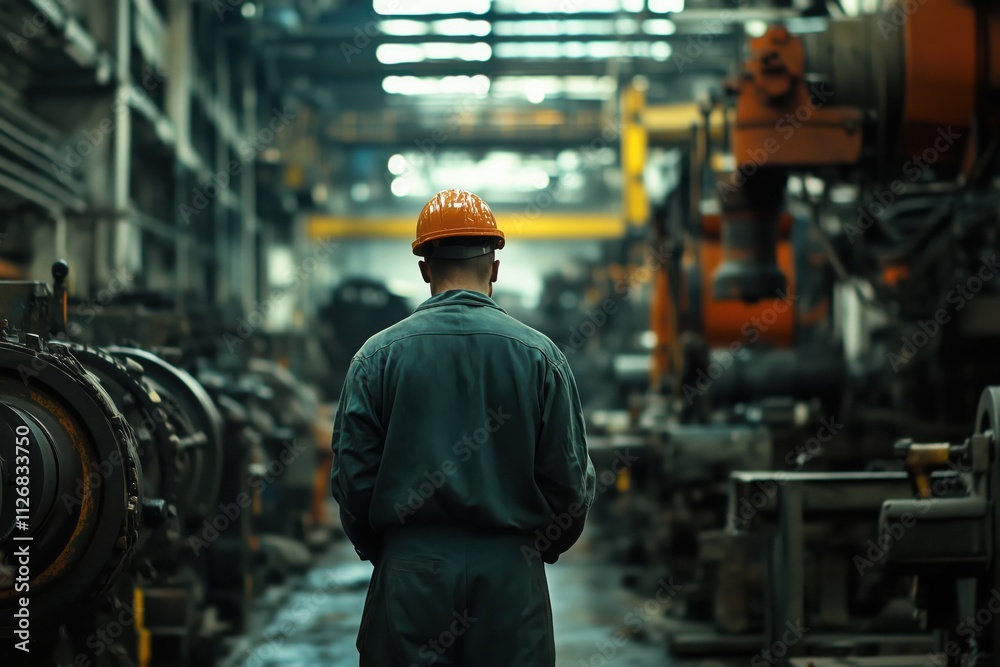 Factory Worker: A solitary figure in a hard hat and work uniform stands amidst the industrial machinery of a bustling factory, conveying a sense of dedication and purpose.  