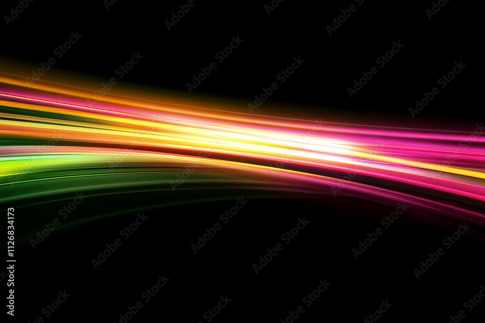 An abstract digital background with radiant light trails in pink, yellow, and green flowing across a black field. An abstract digital background with radiant light trails in pink, yellow, and green flowing across a black field.