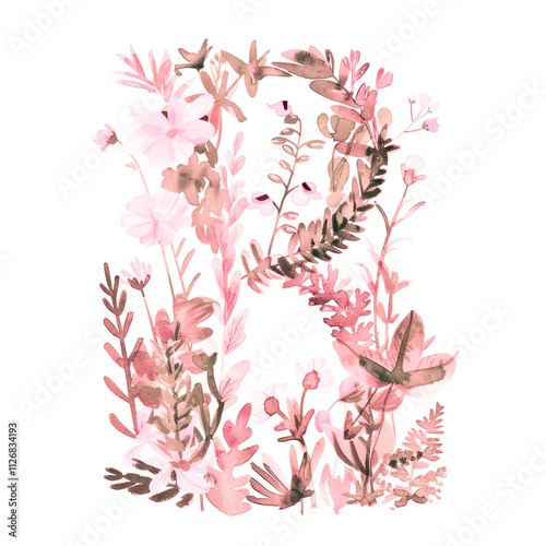 Watercolor Number Eight with Nature Background. Magenta, Pink Floral Vintage Botanical Illustration of 8. Eucalyptus Leaves and Rose Flowers Template for Card, Invitation, Baby Shower, Wedding.