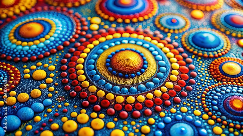 Macro Abstract Dot Painting: Blue, Yellow, Red Circles - Vivid Close-Up Macro Abstract Dot Painting: Blue, Yellow, Red Circles - Vivid Close-Up