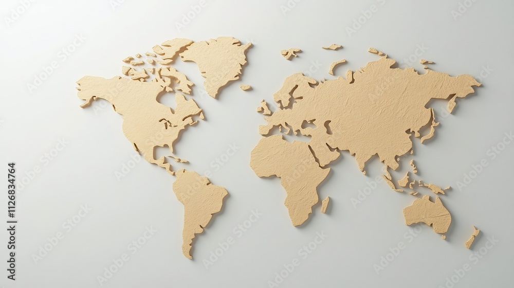 Detailed 3D World Map with Sand Texture on White Background