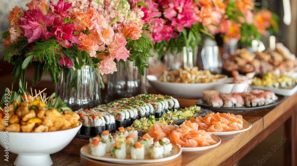 Elegant Buffet Table Featuring Sushi and Floral Arrangements