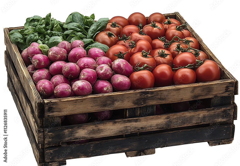 Wooden Crate Filled With Radishes Tomatoes And Spinach Wooden Crate Filled With Radishes Tomatoes And Spinach