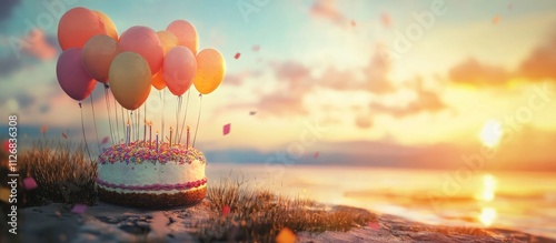 Delicious birthday cake with lit candles and colorful balloons on a beautiful beach at sunset