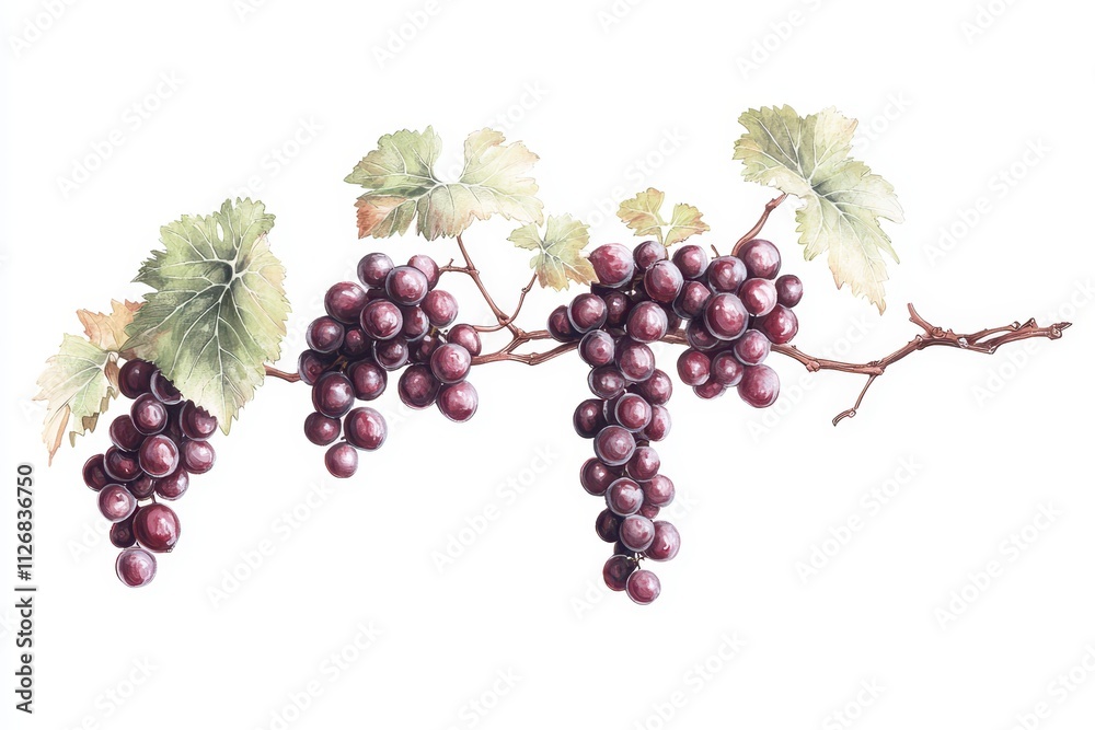 Fototapeta premium A delicate watercolor illustration of purple grapes on a vine, showcasing their lush color and detailed leaves against a clean background.