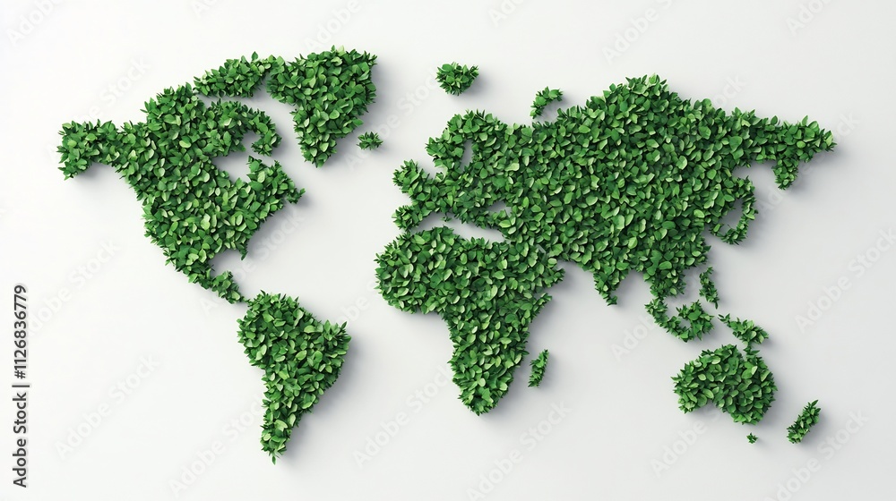 Green World Map Formed from Leaves on White Background with 3D Green World Map Formed from Leaves on White Background with 3D