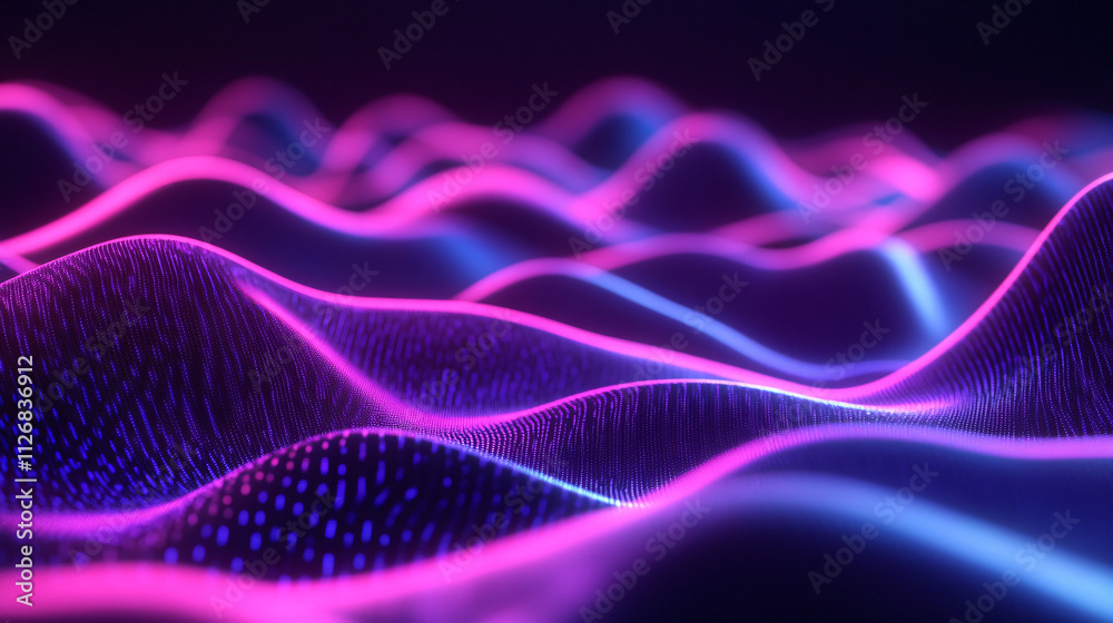 Abstract neon sound waves forming a 3D audio landscape, symbolizing spatial sound and immersive environments. Abstract neon sound waves forming a 3D audio landscape, symbolizing spatial sound and immersive environments.