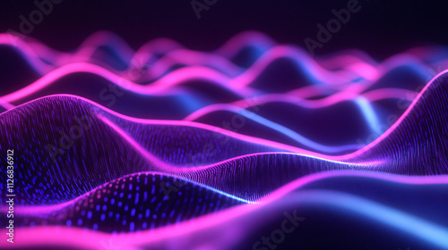 Abstract neon sound waves forming a 3D audio landscape, symbolizing spatial sound and immersive environments. 