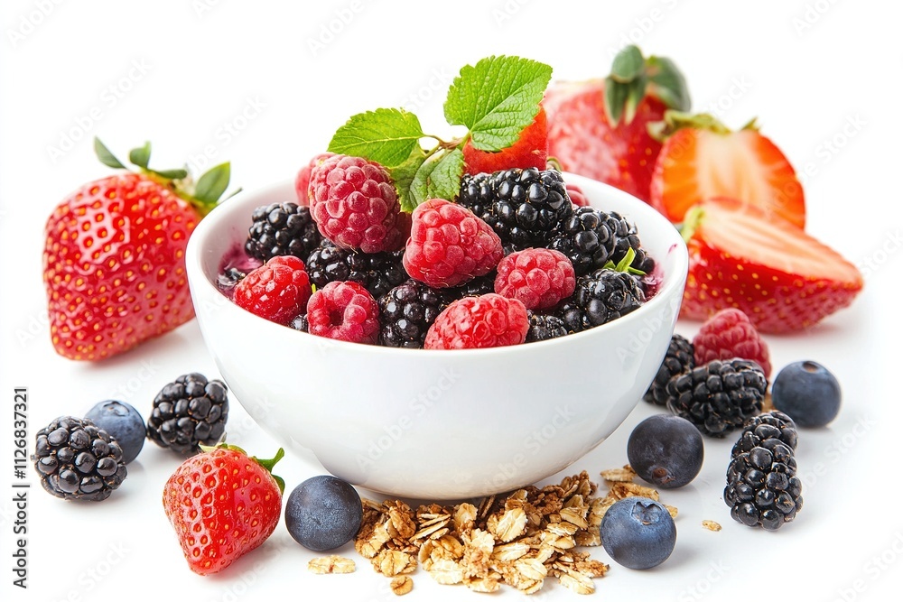 A clean white bowl of acai berries surrounded by fresh fruits and granola, vibrant colors.