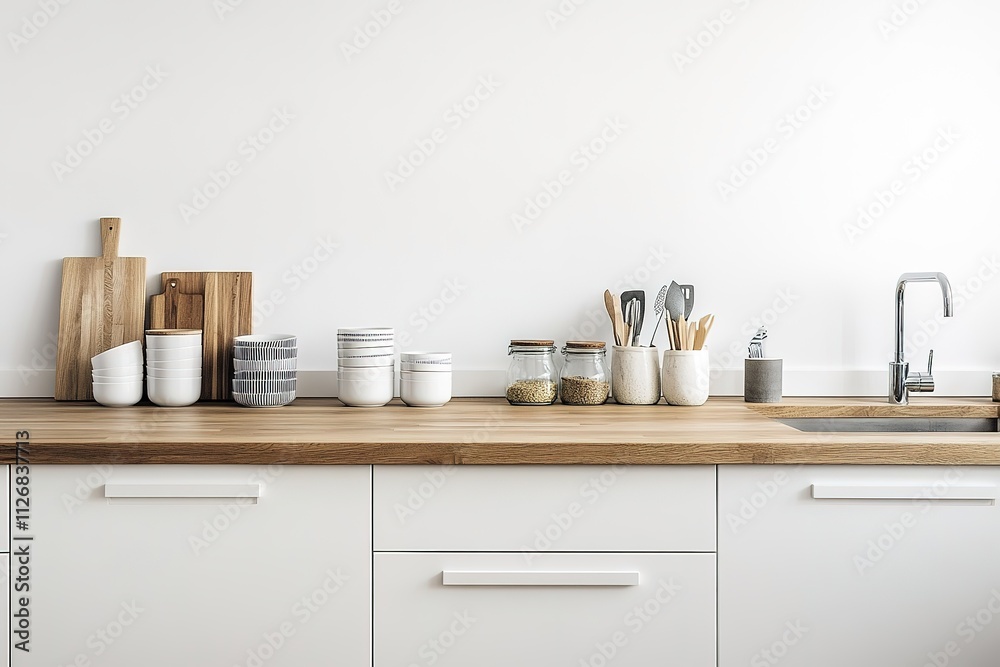 Fototapeta premium modern scandinavian kitchen with white cabinets and wooden countertops