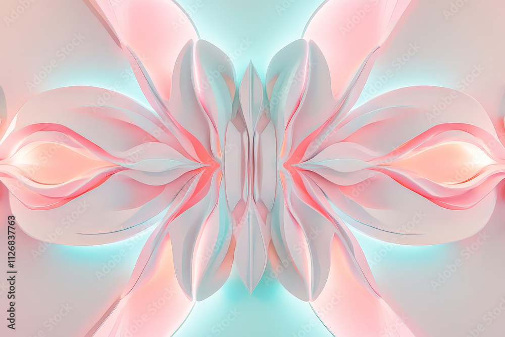 Obraz premium Abstract colorful wall art of intricate, glowing fractals in pink, cyan, and white, arranged in a symmetrical design.