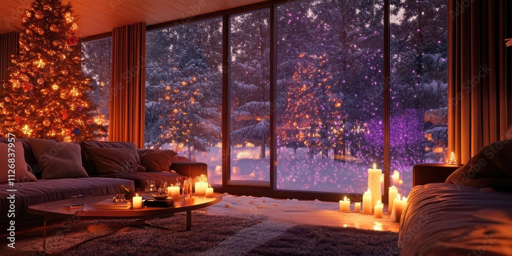 Fototapeta premium A festive living room with candles, a glowing Christmas tree, and orange and purple holographic patterns visible through snowy windows.