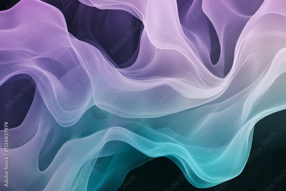 Obraz premium A calm color smoke background with smooth, wavy clouds of pale lavender, teal, and pastel green on a black field.
