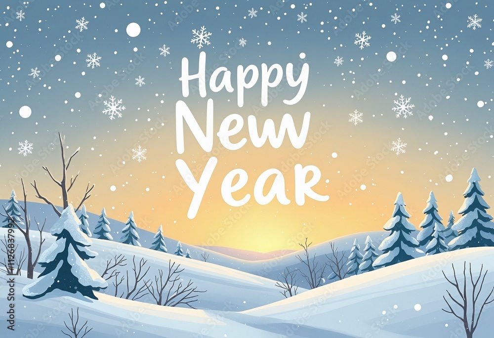 Happy New Year: Snowy landscapes with whirling snowflakes in a warm Setting Happy New Year: Snowy landscapes with whirling snowflakes in a warm Setting