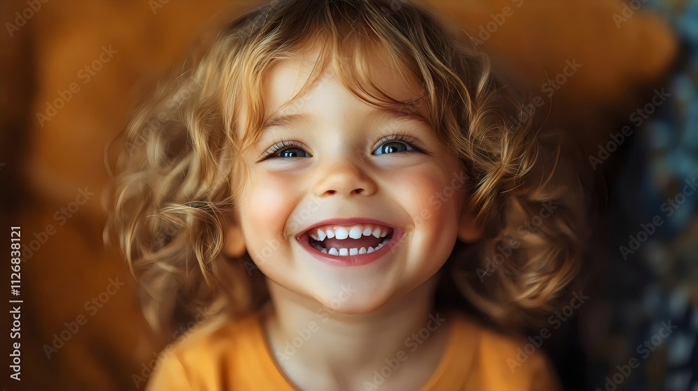 A young girl with curly hair is smiling and has her teeth showing A young girl with curly hair is smiling and has her teeth showing