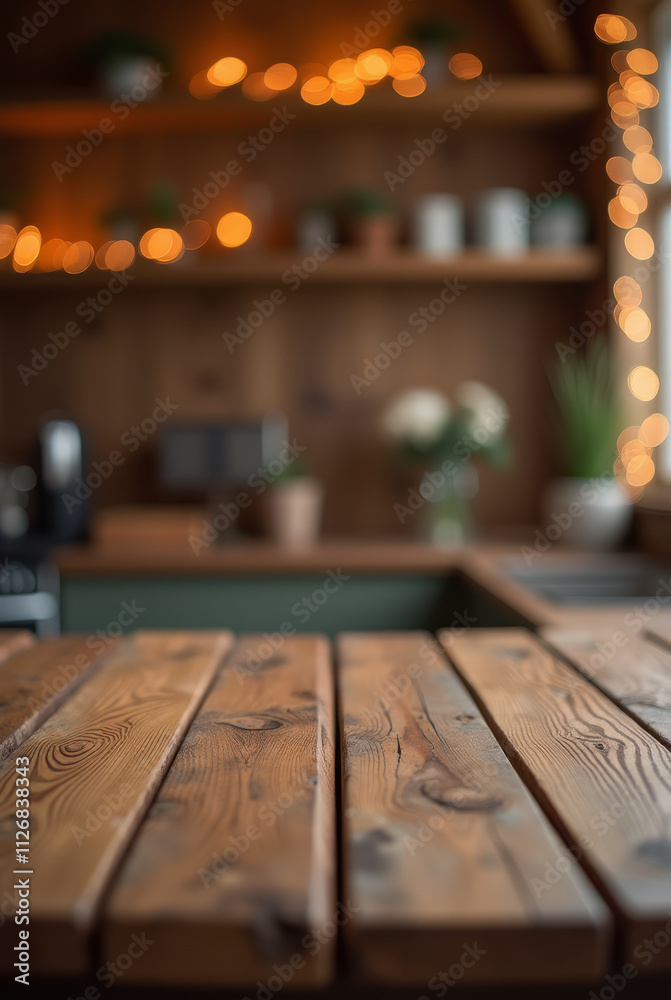 Warm Holiday Vibe with Textured Wooden Counter and Subtle Festive Glow Warm Holiday Vibe with Textured Wooden Counter and Subtle Festive Glow