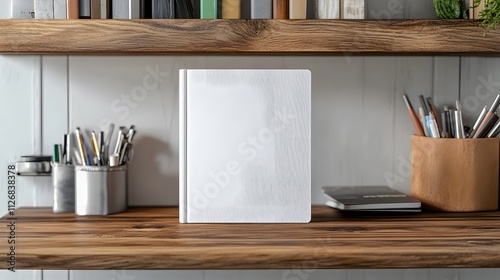 Blank mockup template of a paperback book on a polished wooden shelf, with design supplies like markers and sketchpads nearby. photo