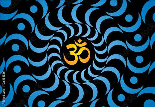 Openwork blue and yellow elegant mandala on a black background. The yellow-orange sign aum, om, ohm in the center. Yellow, orange. blue colors. Vector graphics.