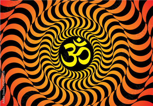 Openwork mandala of yellow-orange color on a black background with the sign Aum / Om / Ohm. Rotation object. Vector graphics.