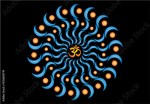 Openwork blue and yellow elegant mandala on a black background. The yellow sign aum, om, ohm in the center. Vector graphics.