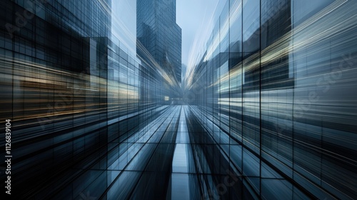 Futuristic city street with motion blur effect, showcasing modern architecture and fast-paced urban life.