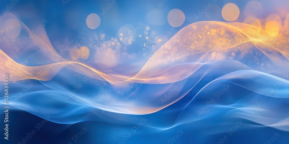 Fototapeta premium Sparkling blue waves merging seamlessly into dynamic golden bokeh patterns and faint pastel hues.