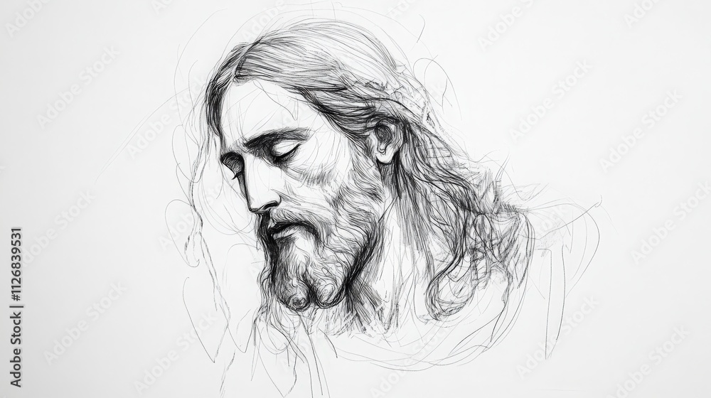 Fototapeta premium Minimalist sketch of Jesus Christ with a serene expression, drawn with fine lines on a clean white canvas, leaving plenty of empty space around the figure