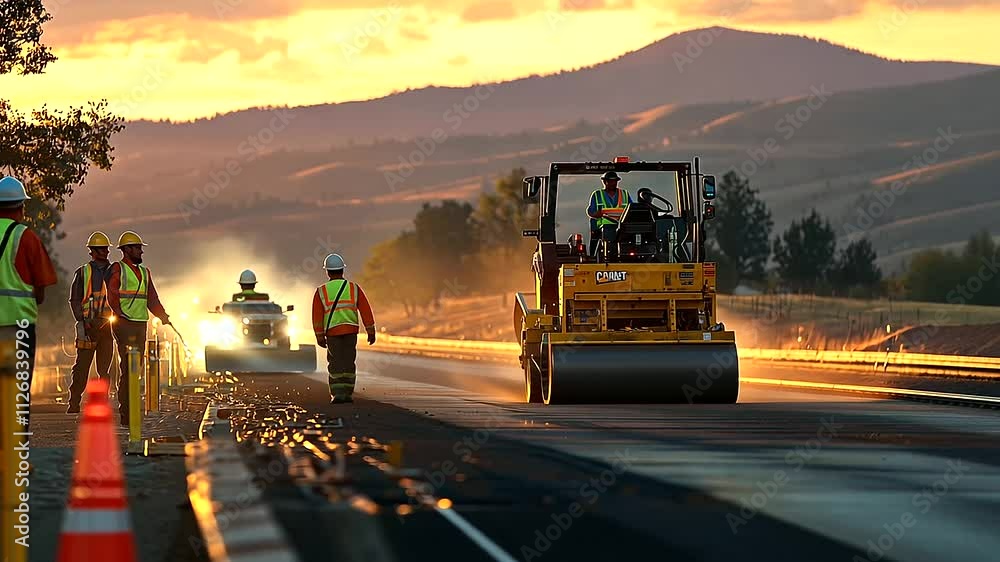 Highway Construction Workers Paving Asphalt with Machinery