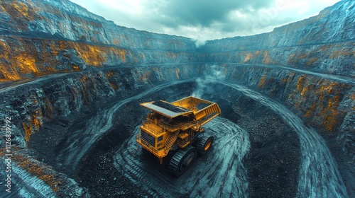 Massive open-pit coal mining operation with heavy machinery in action photo