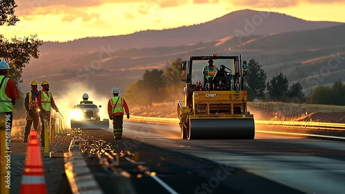 Highway Construction Workers Paving Asphalt with Machinery
