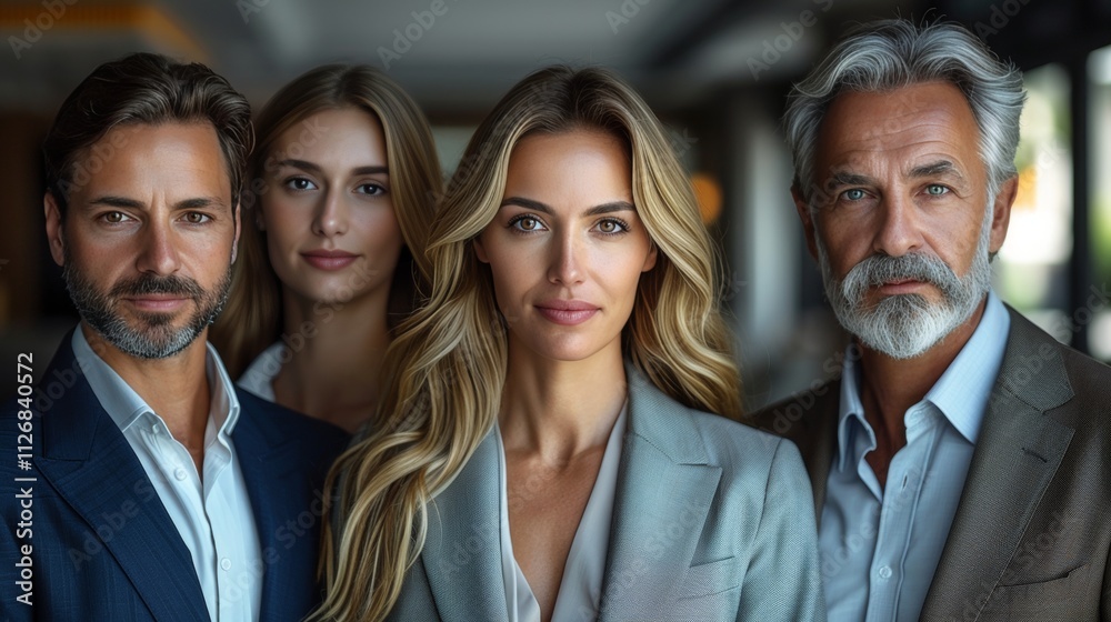 Fototapeta premium Successful business team of four, two women and two men, confidence, headshot, studio portrait