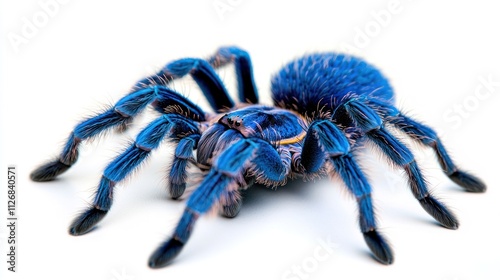 A vibrant blue tarantula against a white background, showcasing its unique coloration and details. photo