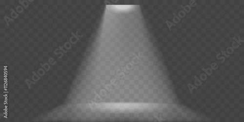 Spotlight with glowing light effect in white rays,beams on grey background for Studio background,Concert stage.Lighted scene floodlight abstract light from lamp,spotlights on transparent background