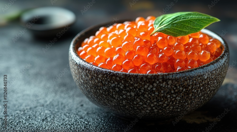 a bowl of red caviar with a leaf a bowl of red caviar with a leaf