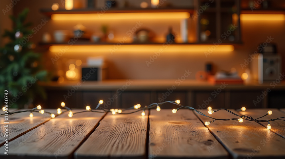 Warm Holiday Vibe with Textured Wooden Counter and Subtle Festive Glow Warm Holiday Vibe with Textured Wooden Counter and Subtle Festive Glow