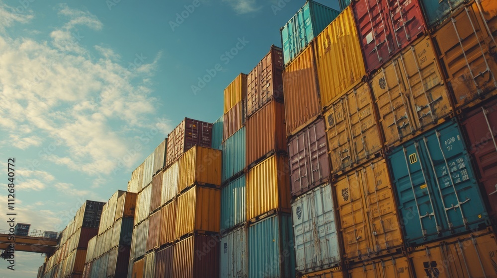Fototapeta premium Shipping containers stacked high in a shipyard