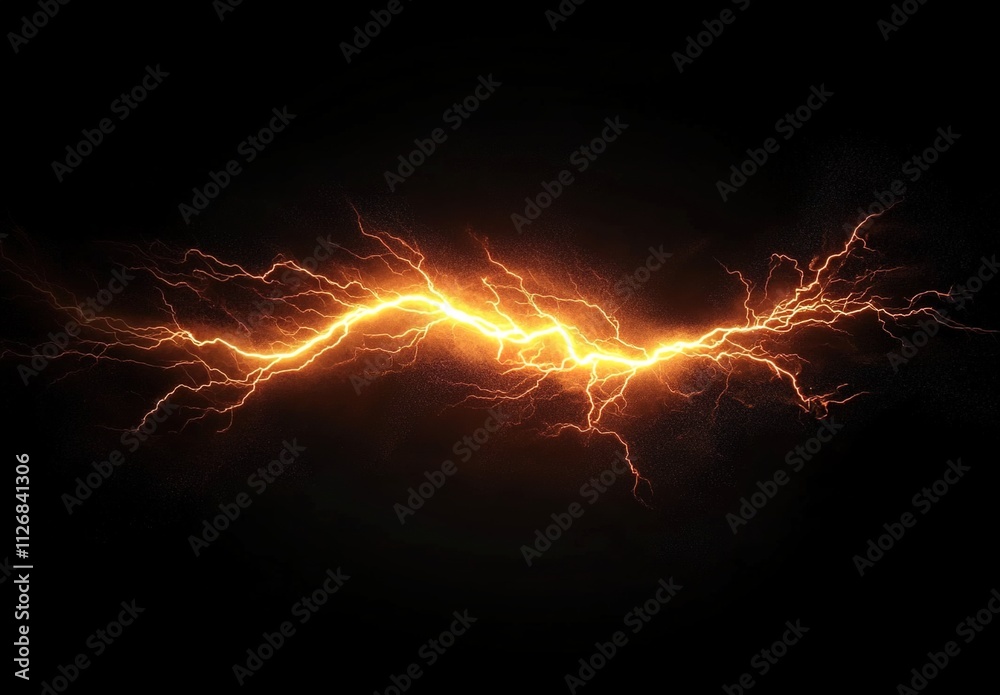 A powerful lightning bolt striking against the dark sky, illuminating the scene with intense orange and yellow lighting effects. A powerful lightning bolt striking against the dark sky, illuminating the scene with intense orange and yellow lighting effects.