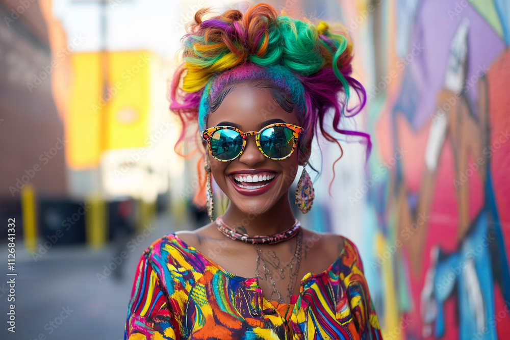 A happy young woman with vibrant colorful hair
