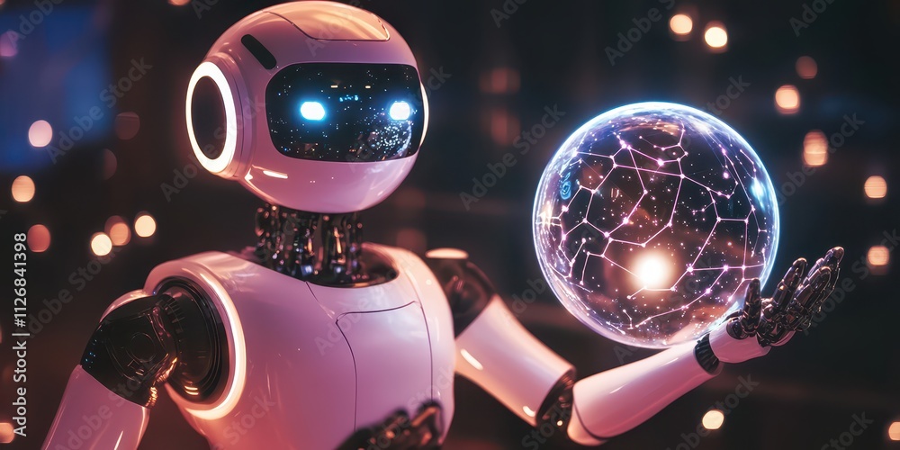 Fototapeta premium A robot illuminated by dynamic pendant lights, pointing at constellations while holding a glowing reflective sphere.
