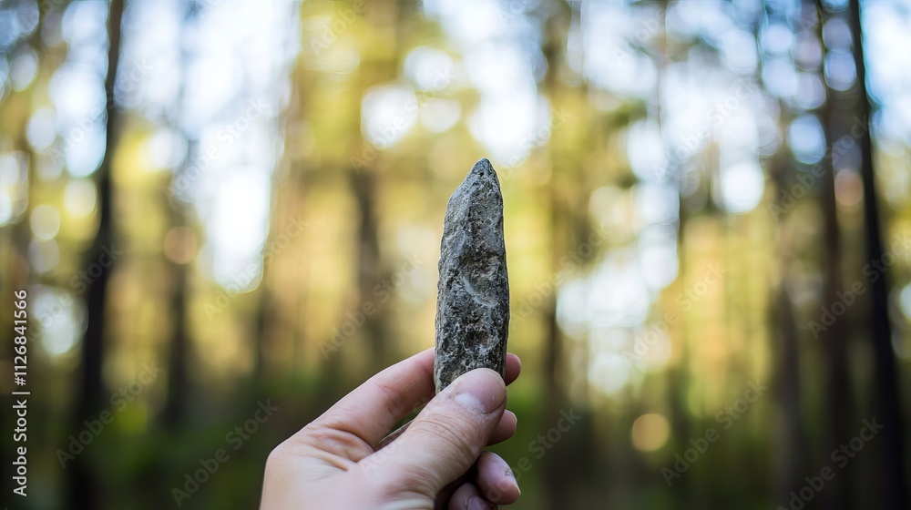 A hand holding a sharp stone artifact in a lush forest with sunlight filtering through the trees. A hand holding a sharp stone artifact in a lush forest with sunlight filtering through the trees.