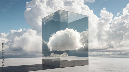 A conceptual, minimalist artwork featuring a single fluffy white cloud suspended inside a transparent mirrored cube, placed on a smooth reflective surface under a dramatic sky.Generative ai