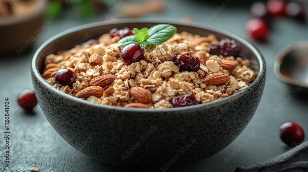 a bowl of yogurt with nuts and cranberries a bowl of yogurt with nuts and cranberries