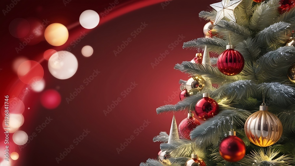 Fototapeta premium a Christmas tree adorned with shimmering ornaments and tinsel, set against a rich red gradient background with glowing bokeh lights