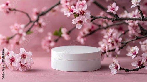 3D background, pink podium display. Sakura pink flower falling. Cosmetic or beauty product promotion step floral, pastel pedestal. Abstract minimal advertise. 3D render copy space spring mockup.