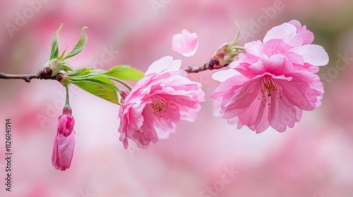 Spring Horizontal banner with sakura flowers. Beautiful nature season background with a branch of blooming cherry. Copy space for text, selective focus