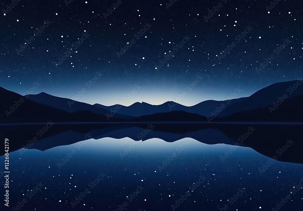 Fototapeta premium A serene lake reflecting the night sky, surrounded by silhouettes of mountains under a starry expanse. 