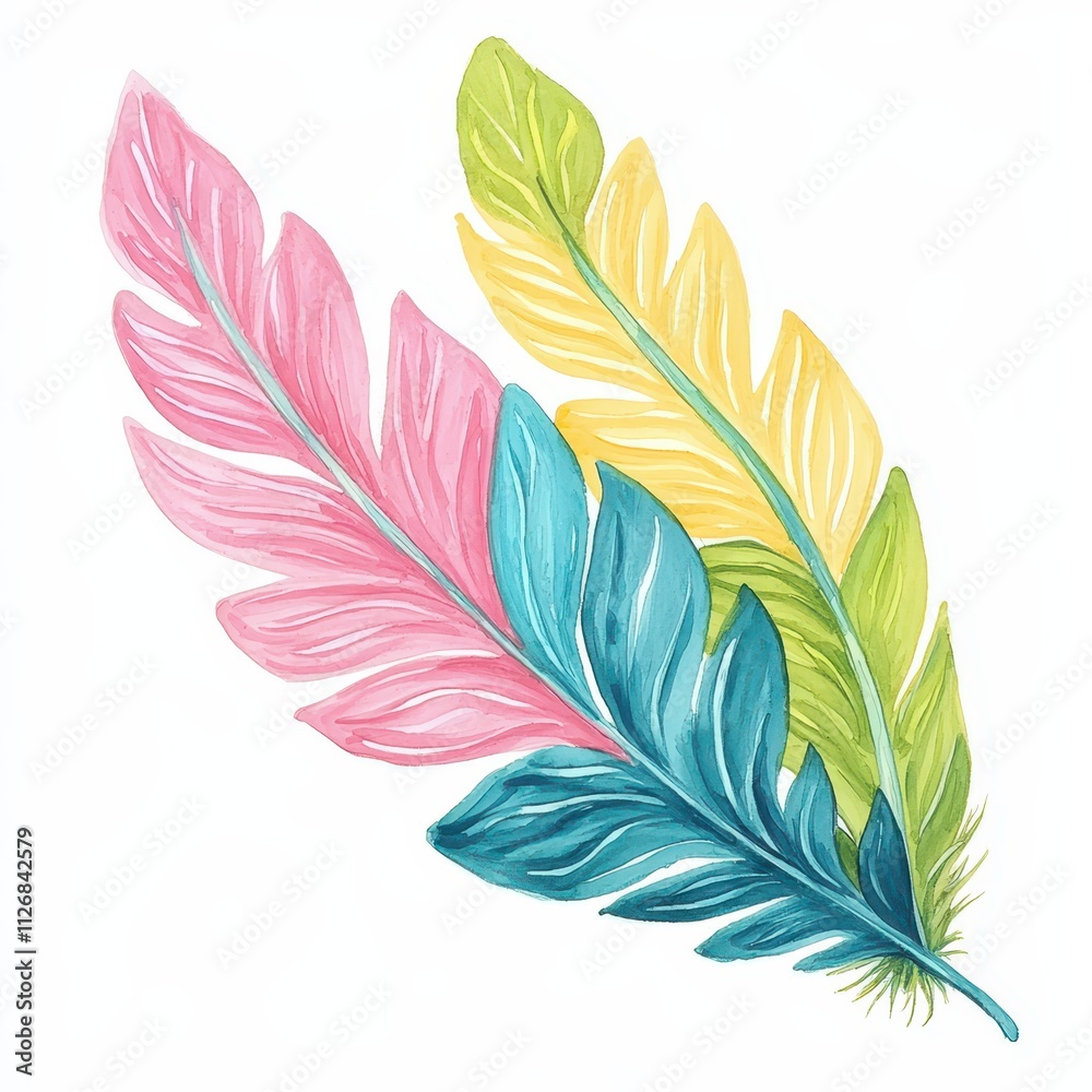 A vibrant illustration of colorful leaves in pink, yellow, green, and blue, showcasing a playful and tropical aesthetic. A vibrant illustration of colorful leaves in pink, yellow, green, and blue, showcasing a playful and tropical aesthetic.
