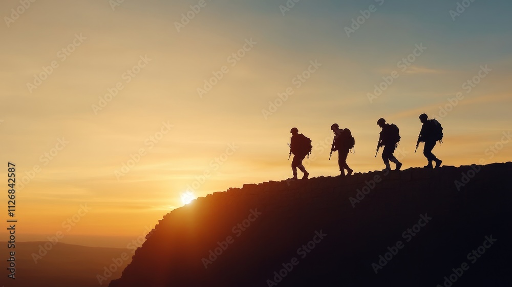 Silhouetted Hikers Trekking Against a Vibrant Sunset Horizon on a Mountain Trail, Emphasizing Adventure and Exploration in Nature's Beauty Silhouetted Hikers Trekking Against a Vibrant Sunset Horizon on a Mountain Trail, Emphasizing Adventure and Exploration in Nature's Beauty
