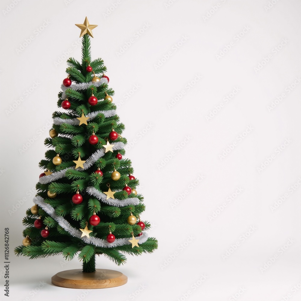 Fototapeta premium Festive watercolor Christmas tree featuring gold stars and silver tinsel against white background