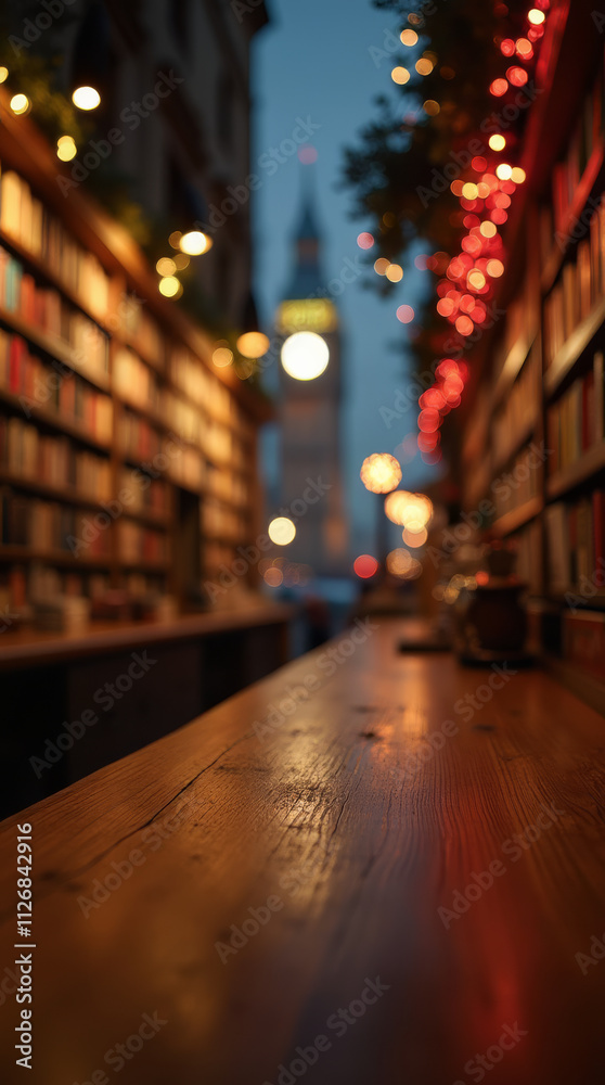 Cozy Bookstore Café Bar with a View of Festive London Cozy Bookstore Café Bar with a View of Festive London